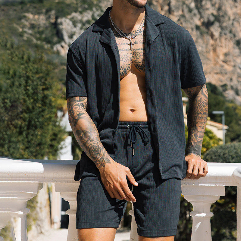 Men’s 2-Piece Summer Set – Lapel Shirt & Shorts Streetwear Look