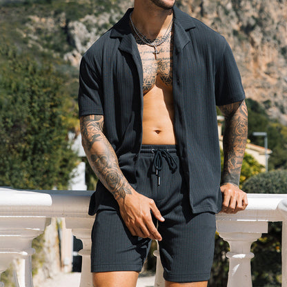 Men’s 2-Piece Summer Set – Lapel Shirt & Shorts Streetwear Look
