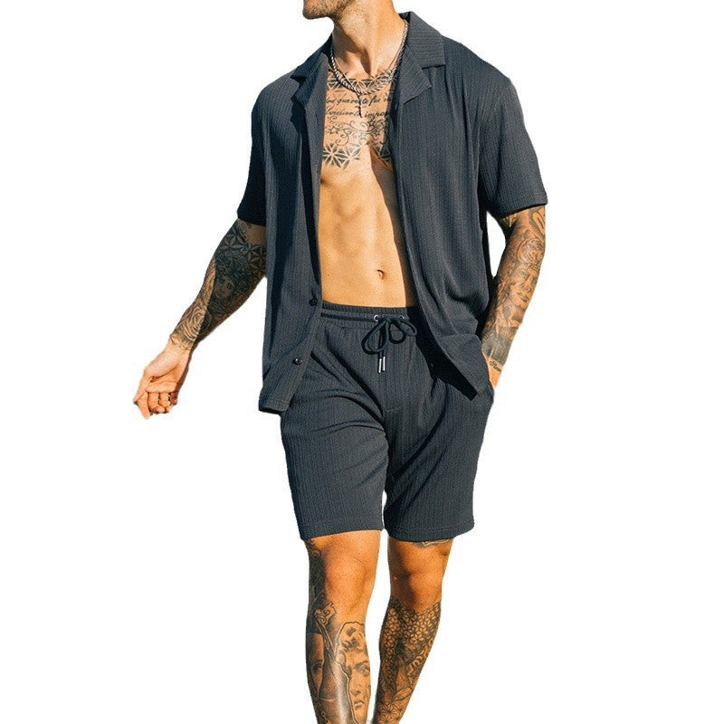 Men’s 2-Piece Summer Set – Lapel Shirt & Shorts Streetwear Look