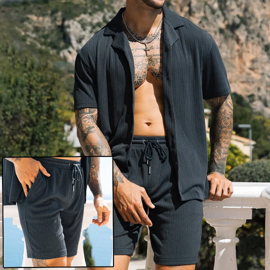Men’s 2-Piece Summer Set – Lapel Shirt & Shorts Streetwear Look